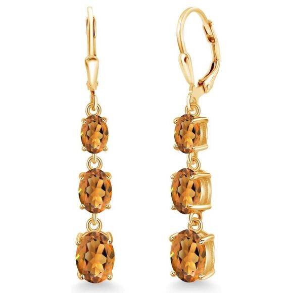 18K Yellow Gold with 4.40Cttw 3 Stone Madeira Citrine Leverback Drop Earrings